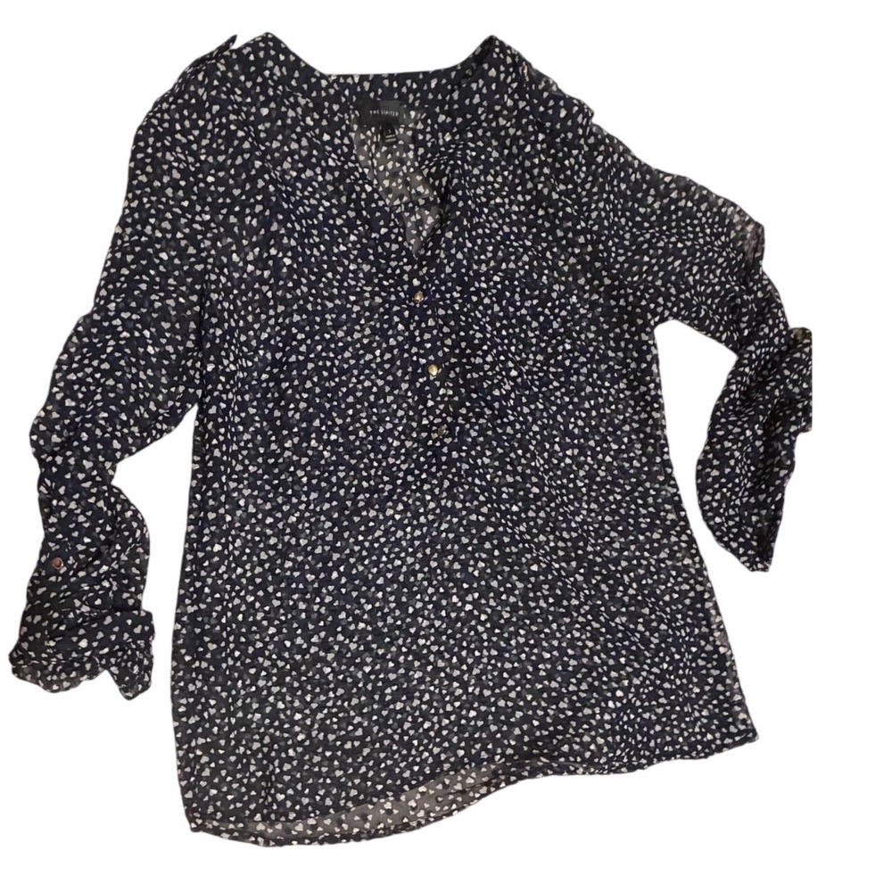 The Limited Navy Blue Heart Print Sheer Blouse Gold Button Roll Tab Sleeve S - Picture 2 of 11
